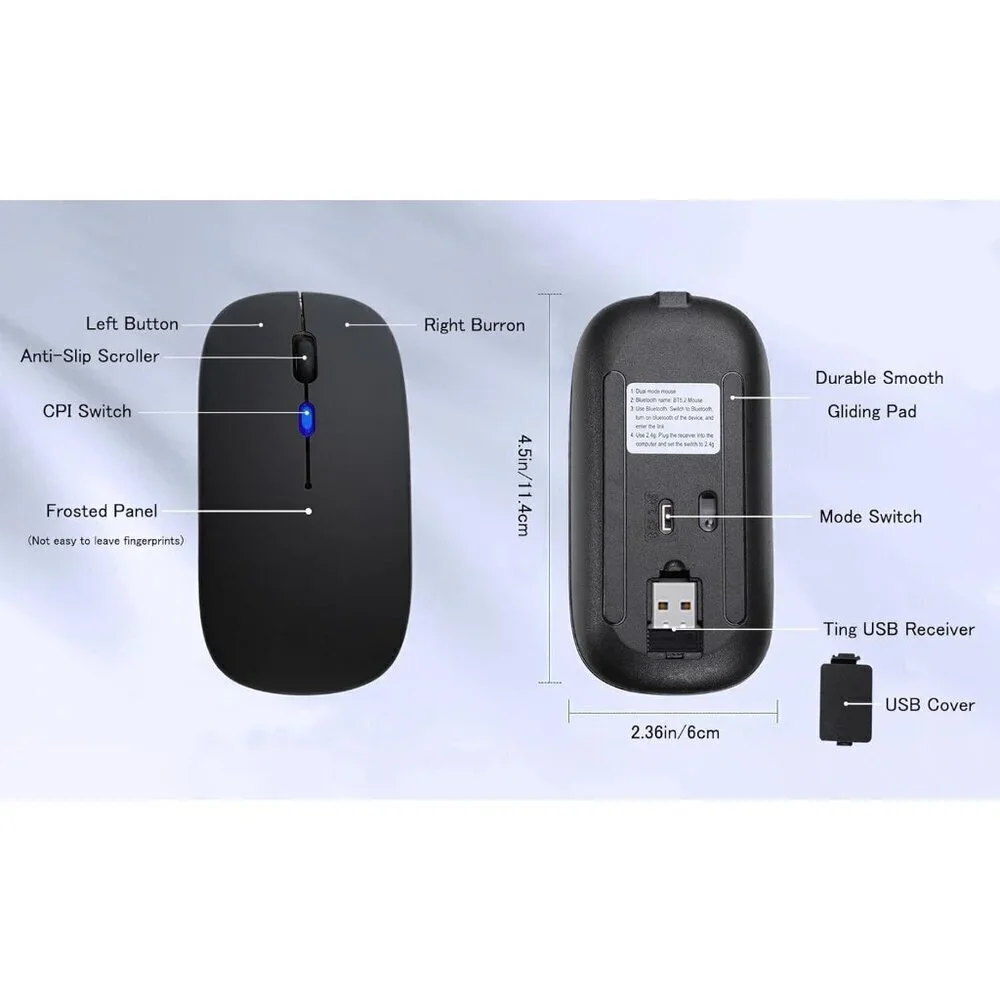 ✨Mouse Black Wireless Bluetooth Rechargeable Silent Slim LED Mouse for Laptop